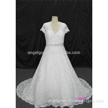 Long train wedding dress, short sleeve plus size beaded sash dress